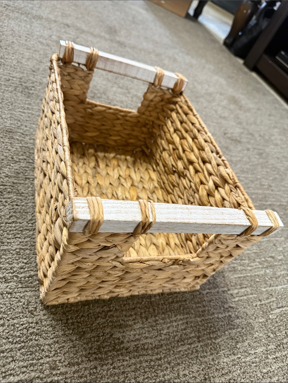 Natural Seagrass Rectangular Storage Basket with White Wood Handles